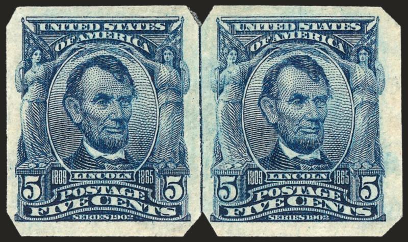 5c Blue, U.S. Automatic Vending Co. Ty. II (315).> Guide line pair, exceptionally well-centered and with deep color<><>^EXTREMELY FINE. A SUPERB AND RARE GUIDE LINE PAIR OF THE 5-CENT 1902 U.S.A.V. TYPE II
COIL.^<><>Ex Cohen and Manthey. With 195