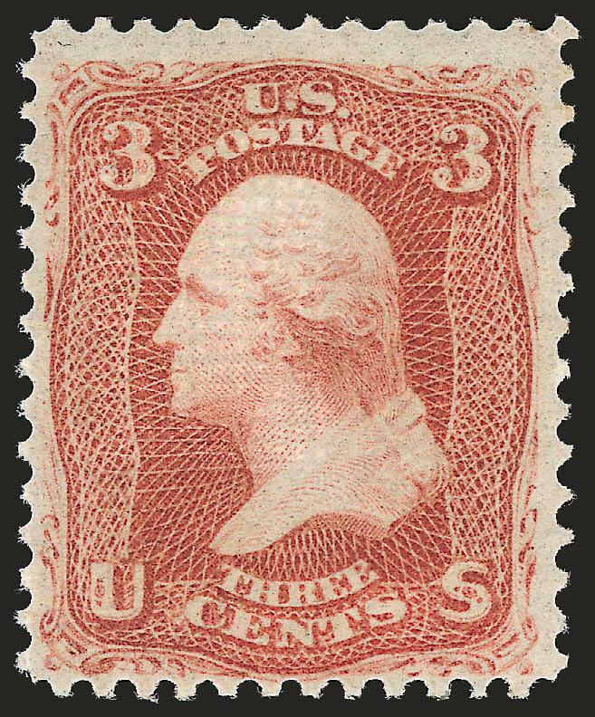 3c Red, F. Grill (94). Mint N.H.,> intense shade on bright paper, sharp grill points, fresh and Fine, we have only sold four others in Mint N.H. condition since keeping computerized records and all had similar
centering to the example offered here, e