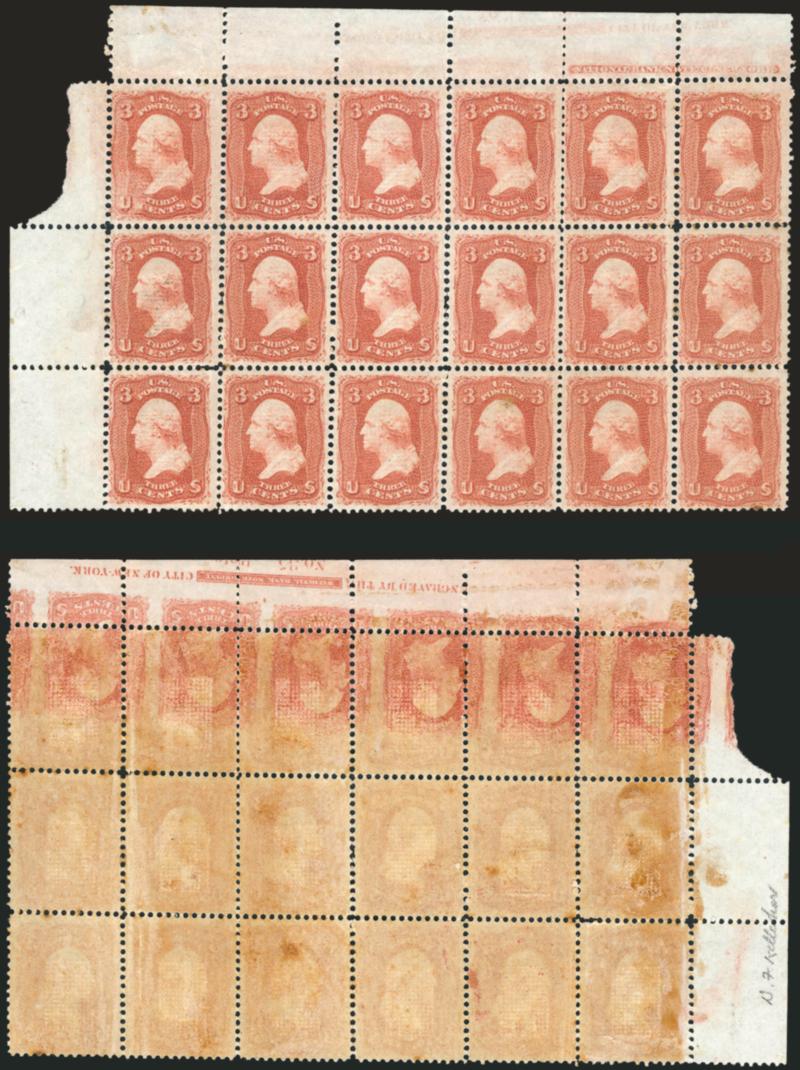3c Red, F. Grill, Printed on Both Sides (94d).> Block of eighteen with selvage at top and left and with full imprint, <parts of seven stamps printed on back with imprint and plate no. 35,> original gum, lightly
hinged, bright color, clear grills, few