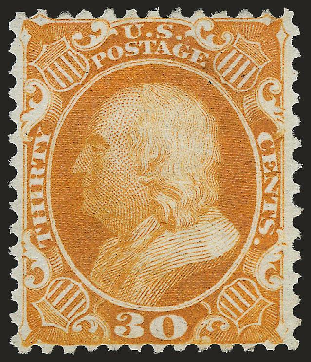 30c Yellow Orange, Reprint (46).> Without gum as issued, intense shade and impression, choice centering for this difficult issue<><>^VERY FINE AND CHOICE. AN ATTRACTIVE EXAMPLE OF THE 30-CENT 1857
REPRINT.^<><>The 30c 1857 Reprint, of which 480 w