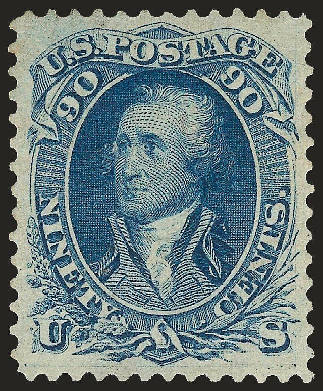 90c Blue (72).> Original gum, lightly hinged, intense shade and impression, wide margins and almost perfectly centered<><>^EXTREMELY FINE GEM. A MAGNIFICENT ORIGINAL-GUM EXAMPLE OF THE 90-CENT 1861
ISSUE.^<><>With 1985 and 2000 P.F. certificates