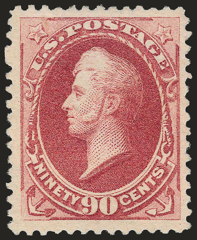 90c Dull Carmine, Special Printing (202).> Without gum as issued, brilliant color on crisp paper, unusually wide margins<><>^EXTREMELY FINE. VERY FEW OF THE 41 RECORDED COPIES OF THE 1880 90-CENT AMERICAN BANK
NOTE COMPANY SPECIAL PRINTING CAN COMP