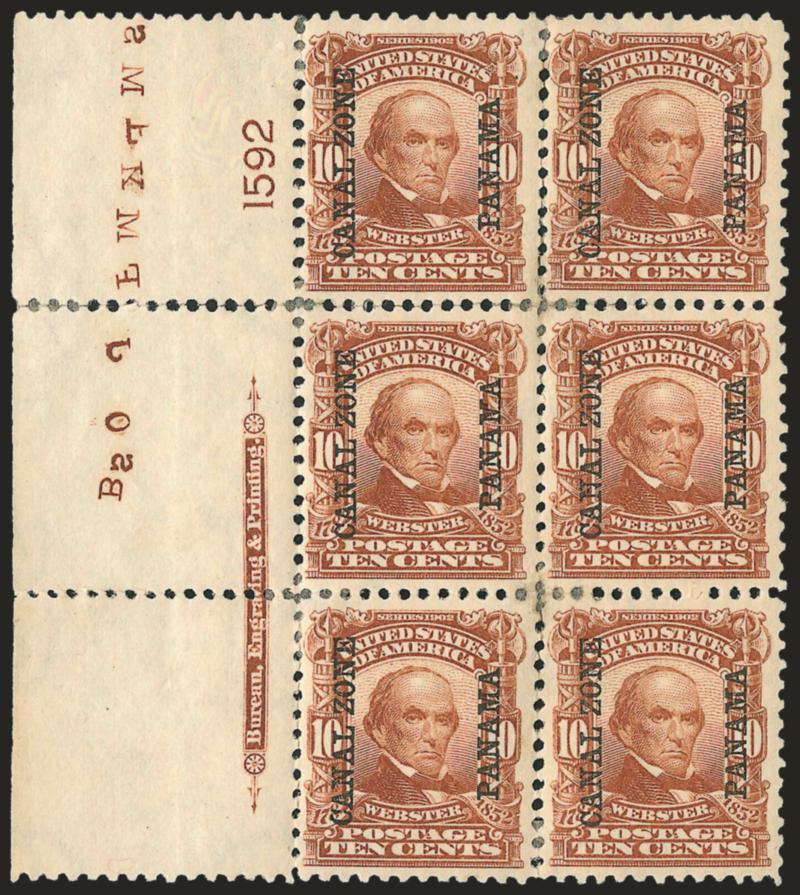 1904, 10c Pale Red Brown (8).> Wide left imprint and plate no. 1592 block of six, some rejoining and two small gum soaks at perf junctures, otherwise Very Fine