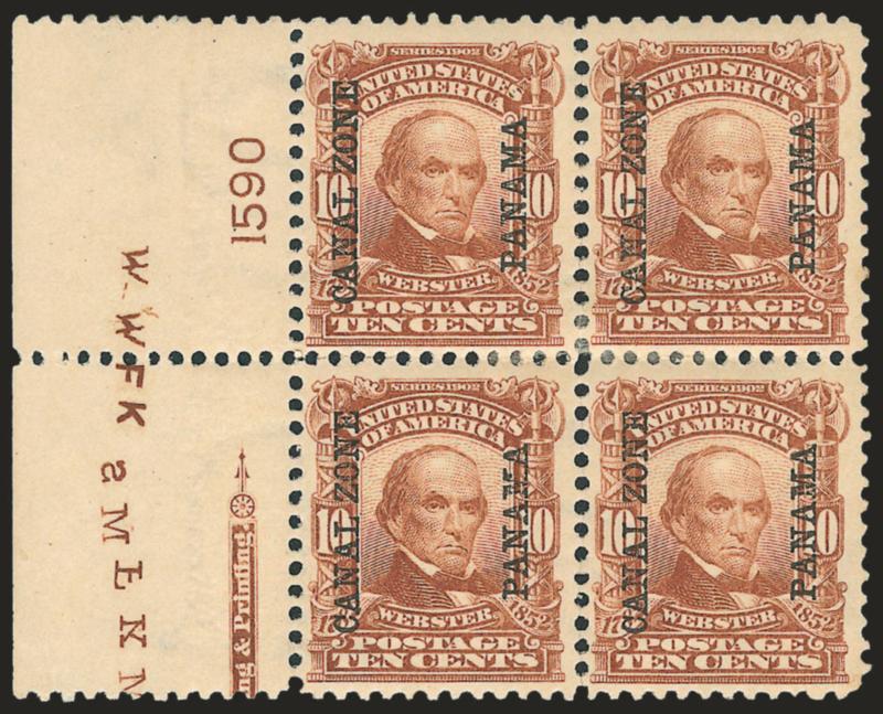 1904, 10c Pale Red Brown (8).> Block of four with part left imprint and plate no. 1590 selvage, nearly separated into two vertical pairs, bottom right light crease, otherwise Fine-Very Fine, Scott Retail as four
singles