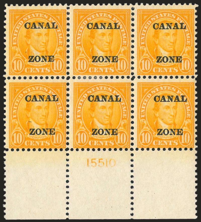 1924, 10c Orange, Ty. A Ovpt. (75).> Wide bottom plate no. 15510 block of six, end pairs Mint N.H., Fine