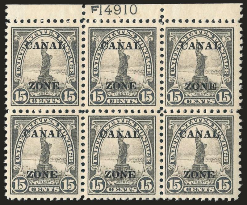 1924, 15c Gray, Ty. A Ovpt. (78).> Mint N.H. top plate no. F14910 block of six, the selvage is narrow but the stamps have mostly huge margins, Extremely Fine, the plate no. single is exceptional, Scott Retail as
hinged