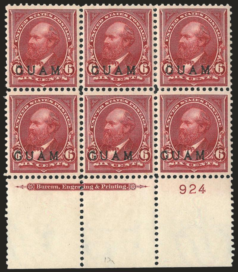 1899, 6c Lake (6).> Wide bottom imprint and plate no. 924 block of six, tropical original gum, exceptionally well-centered, rich color, Very Fine, arguably Extremely Fine for this scarce plate block