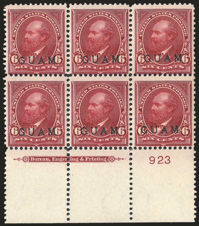 1899, 6c Lake (6).> Wide bottom imprint and plate no. 923 block of six, tropical original gum, Fine