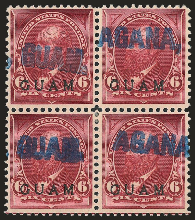 1899, 6c Lake (6).> Block of four, attractively centered, bold blue Agana straightline cancels, Fine-Very Fine, scarce