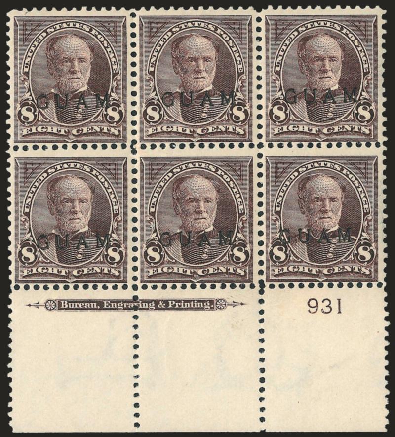 1899, 8c Violet Brown (7).> Wide bottom imprint and plate no. 931 block of six, gum minimally affected by tropicalization, Fine-Very Fine