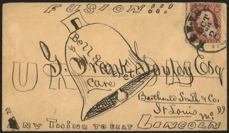 3c Dull Red, Ty. III (26).> Rich color (slightly oxidized), <captured imprint at left,> tied by New-York Oct. 24, 186? circular datestamp on cover to St. Louis Mo. with <hand-drawn Bell and Everett campaign
design with slogan Fusion!!! Union. Any