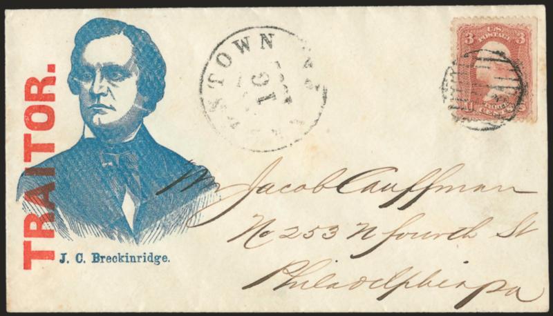 3c Rose (65).> S.e. at right, tied by grid, Allentown Pa. Sep. 16, 1862 circular datestamp on cover to Philadelphia with <blue J.C. Breckinridge three-quarter portrait overprinted with red Traitor,> Milgram
JBK-4 (illustrated on p. 126), Very Fin