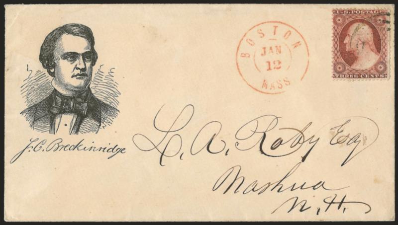 3c Dull Red, Ty. III (26).> Rich color, tied by Paid grid, red Boston Mass. Jan. 12 double-circle datestamp on cover to Nashua N.H. with reckinridge three-quarter portrait and facsimile signature,> Milgram JBK-5
(illustrated on p. 126), fresh a
