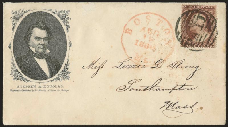 3c Dull Red, Ty. III (26).> Tied by large Paid grid, red Boston Ms. Aug. 18, 1860 circular datestamp on cover to Southampton Mass. with <Stephen A. Douglas three-quarter portrait in frame,> Mendel imprint,
Milgram SD-35, minor cover soiling, Very