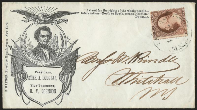 3c Dull Red, Ty. III (26).> Tied by light strike of Vermont circular datestamp on cover to Whitehall N.Y. with <Stephen A. Douglas three-quarter portrait with flags, eagle and shield and quote at top,> Raynor
imprint, Milgram SD-39, Very Fine, this R