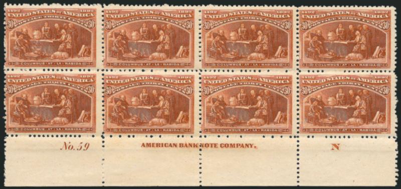 30c Columbian (239).> Bottom imprint, plate no. 59 and letter N at right block of eight, original gum, <bottom stamps Mint N.H.,> top stamps h.r., radiant color, crisp impression<><>^FINE. A SCARCE SOUND
ORIGINAL-GUM IMPRINT AND PLATE NUMBER BLOC