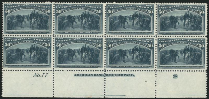 50c Columbian (240).> Bottom imprint, plate no. 77 and letter S at right block of eight, original gum, barely hinged except where thin spot is evident on positions 3 and 4, deep rich color and proof-like
impression<><>^FINE-VERY FINE APPEARANCE.