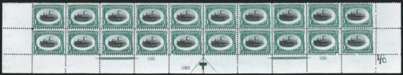 1c Pan-American (294).> Mint N.H. bottom double imprint and plate nos. 11811180 block of 20 with arrow and markers, full side selvage, Fine-Very Fine