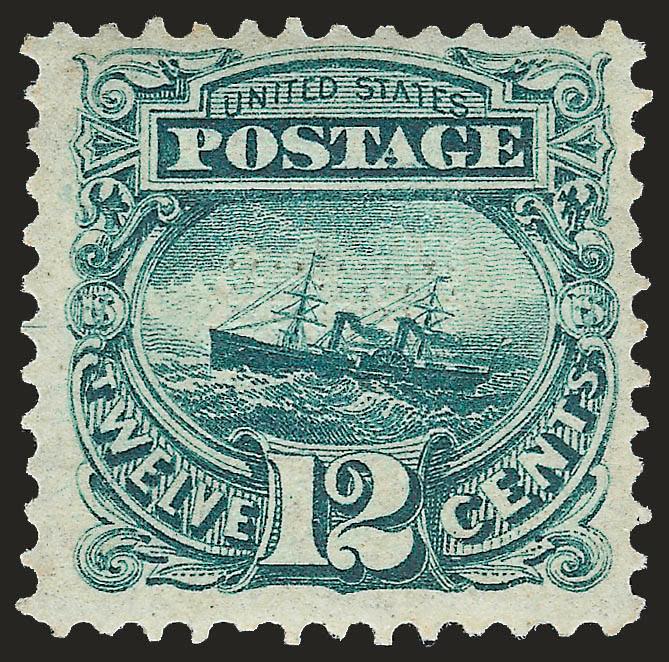 12c Green (117).> Original gum, clearly-defined grill, intense shade and impression, wider margins than usual<><>^VERY FINE ORIGINAL-GUM EXAMPLE OF THE 12-CENT 1869 PICTORIAL ISSUE.^<><>With 1991 P.F. and 2000
P.S.E. certificates