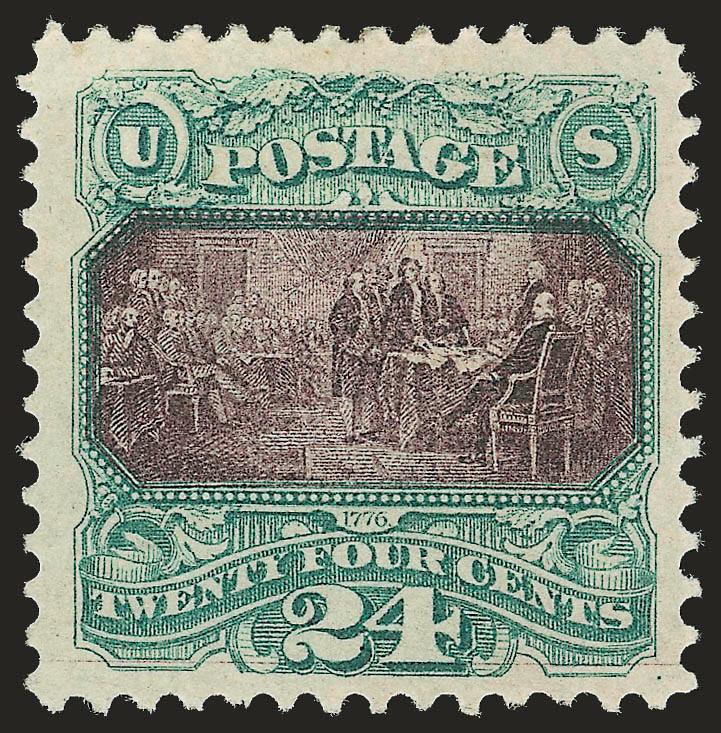 24c Green & Violet (120).> Original gum, lightly hinged, strong grill impression, rich colors on bright paper, choice centering<><>^EXTREMELY FINE. A BEAUTIFUL ORIGINAL-GUM EXAMPLE OF THE 24-CENT 1869 PICTORIAL
ISSUE. SCARCE IN THIS SUPERIOR GRADE.