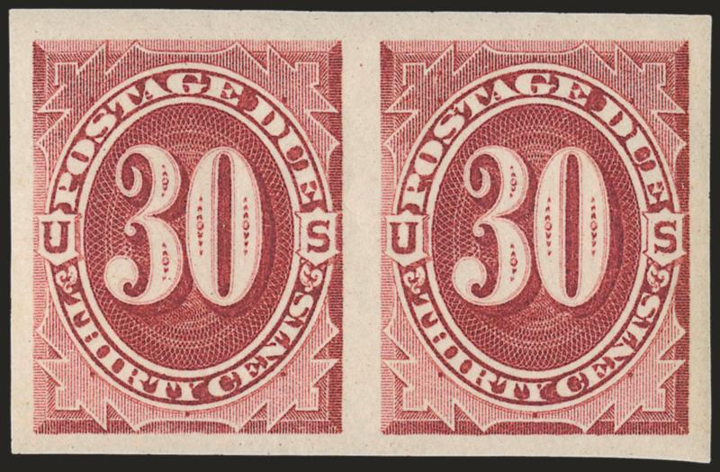 1c-30c 1891 Issue, Imperforate Pairs (J22a-J27a).> Mint N.H., 10c vertical pair, others horizontal, large to huge margins incl. several with sheet margin<><>^VERY FINE-EXTREMELY FINE. A SCARCE COMPLETE SET OF
MINT NEVER-HINGED IMPERFORATE PAIRS OF