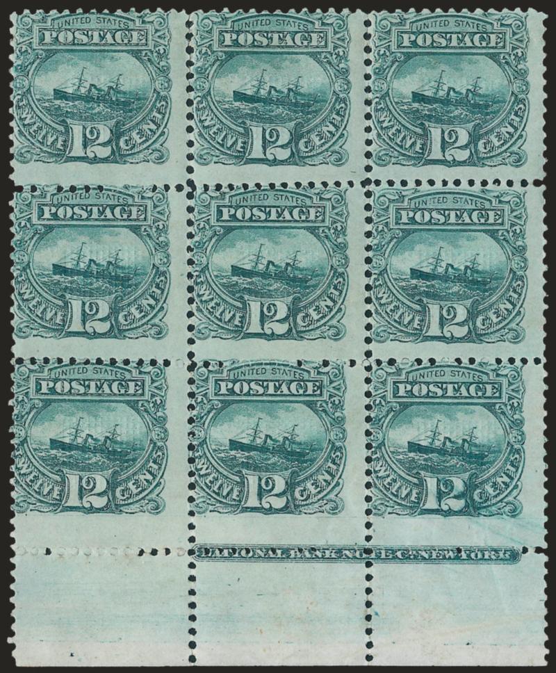 12c Green (117).> Bottom selvage block of nine with <full National Bank Note Co. New York imprint,> original gum, naturally short gum at bottom, bright shade, couple expertly reinforced perf separations<><>^VERY
GOOD. AN EXTREMELY RARE BLOCK OF NI