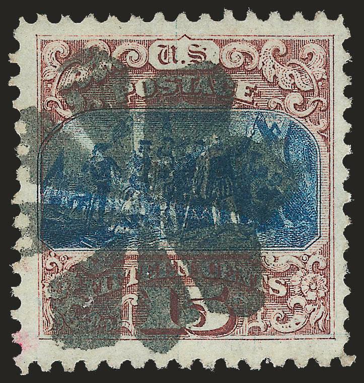 15c Brown & Blue, Ty. I, Double Grill (118 var).> Well-centered with Jumbo margins, <two clear overlapping grill impressions,> bold rosette cancel, small red ink spot on back shows through slightly at lower left
(probably some excess ink from a trans