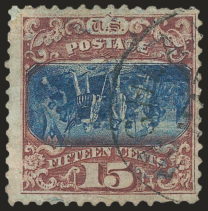 15c Brown & Blue, Ty. II, Center Inverted (119b).> Rich color, neat strike of Highland circular datestamp, repaired at top left, corner perfs added at bottom left, creases, reperfed at right<><>^VERY FINE
APPEARANCE. AN AFFORDABLE AND PRESENTABLE