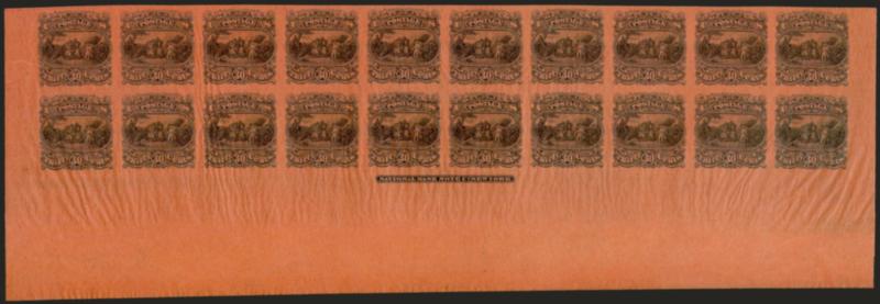 30c Black, Burgoyne Plate Essay on Salmon Surface-Tinted Paper (121-E1p).> Block of 20 with <sheet margin at bottom and sides and imprint at bottom,> large margin at top, small tear in sheet margin at
left<><>^EXTREMELY FINE AND RARE BLOCK OF THE B