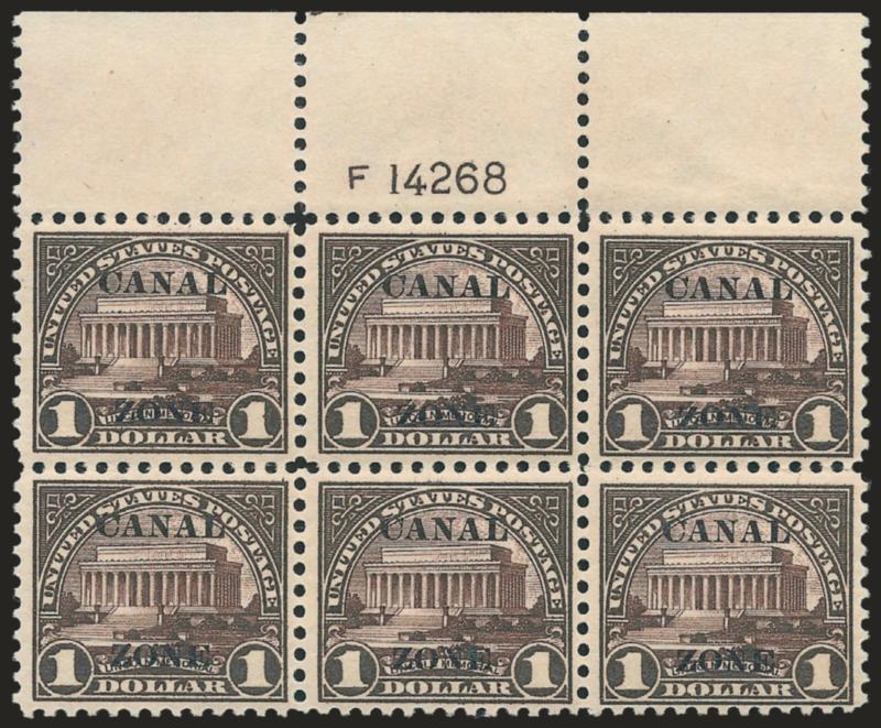 CANAL ZONE, 1924, $1.00 Violet Brown (81).> Top plate no. 14268 and F block of six, tropicalized original gum, intense shade and impression<><>^VERY FINE. A SCARCE PLATE BLOCK OF THE $1.00 CANAL ZONE OVERPRINT
WITH FLAT A.^<><>We have offered