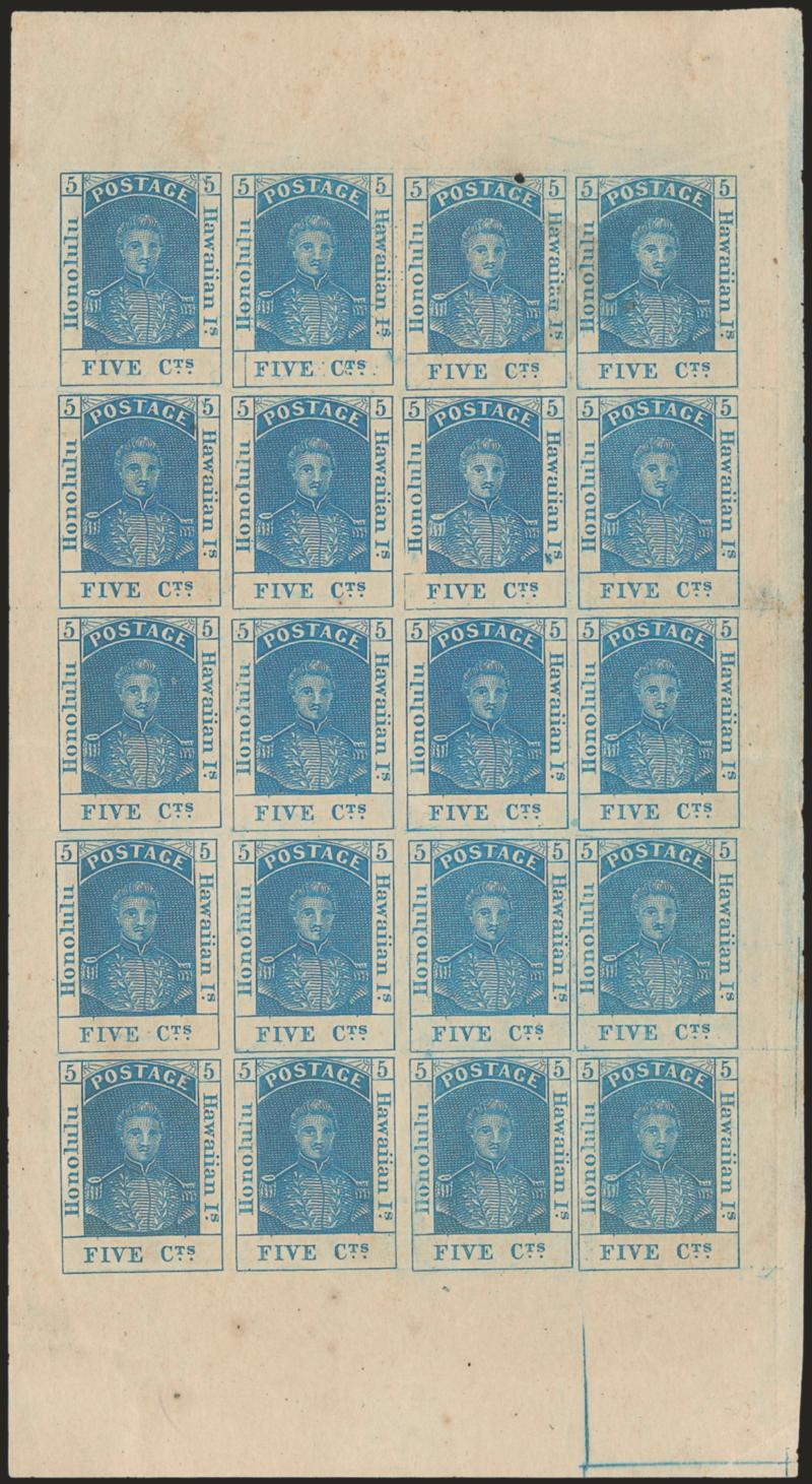 HAWAII, 1861, 5c Blue, Thin Bluish Wove (9).> Complete sheet of 20 with sheet margin all around, <14 stamps Mint N.H.,> Position 2 with line thru Honolulu, Positions 3 and 4 with stains, Position 3 with hole,
Position 12 light crease<><>^VERY FIN