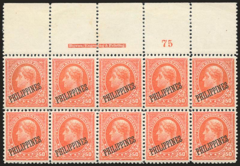 PHILIPPINES, 1899, 50c Orange (212).> Mint N.H. top imprint and plate no. 75 block of ten with wide selvage, vibrant color as fresh as the day it was printed, accompanying certificate notes small thin spot on
bottom left stamp which we have a difficu