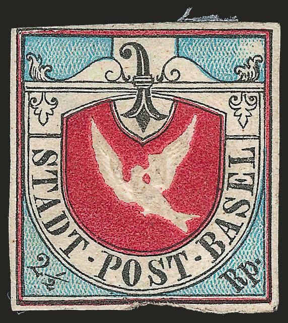 BASEL, 1845, 2-12r Dove of Basel (3L1 Zumstein 8).> Unused (traces of original gum), large margins to just in with nick at bottom just touching frameline, rich colors, clear embossing, small thin spot at
left<><>^VERY FINE APPEARANCE. A SCARCE UN