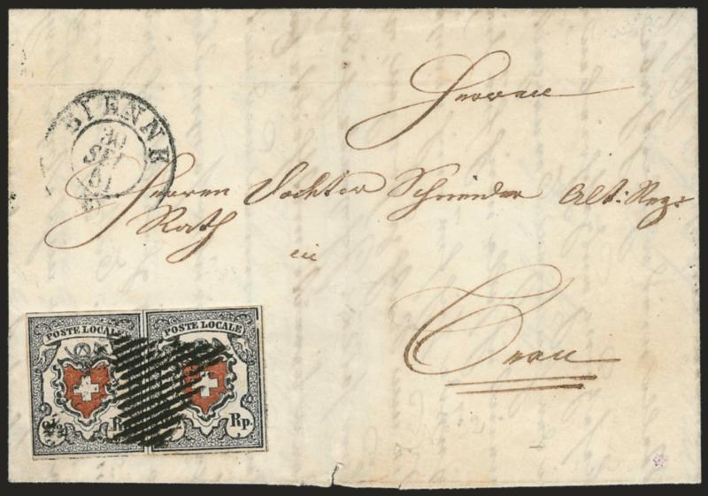 SWITZERLAND, 1850, 2-12r Poste Locale, Frame Around Cross (2 Zumstein 14I).> Horizontal pair, Types 22 and 23, large margins to full, cancelled by well-struck rhombus grid, matching Bienne 30 Sep 51
double-circle datestamp on folded letter to Gra