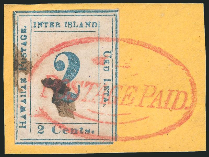 1859, 2c Light Blue, Bluish White (13).> Plate 3-A, Type II (Westerberg Position 2), clear margins to just in, tied by red <Postage Paid in oval> handstamp on small piece, also with ms. cancel, Fine