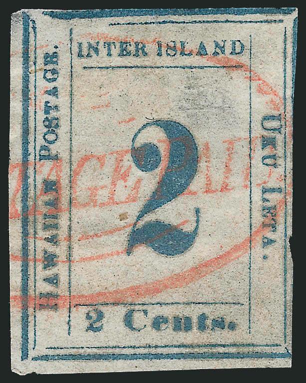 1859, 2c Dark Blue, Bluish White (13).> Plate 3-A, Type VI (Westerberg Position 6), large margins to just in, neat strike of red <Postage Paid> handstamp, bit heavily thinned, otherwise Fine