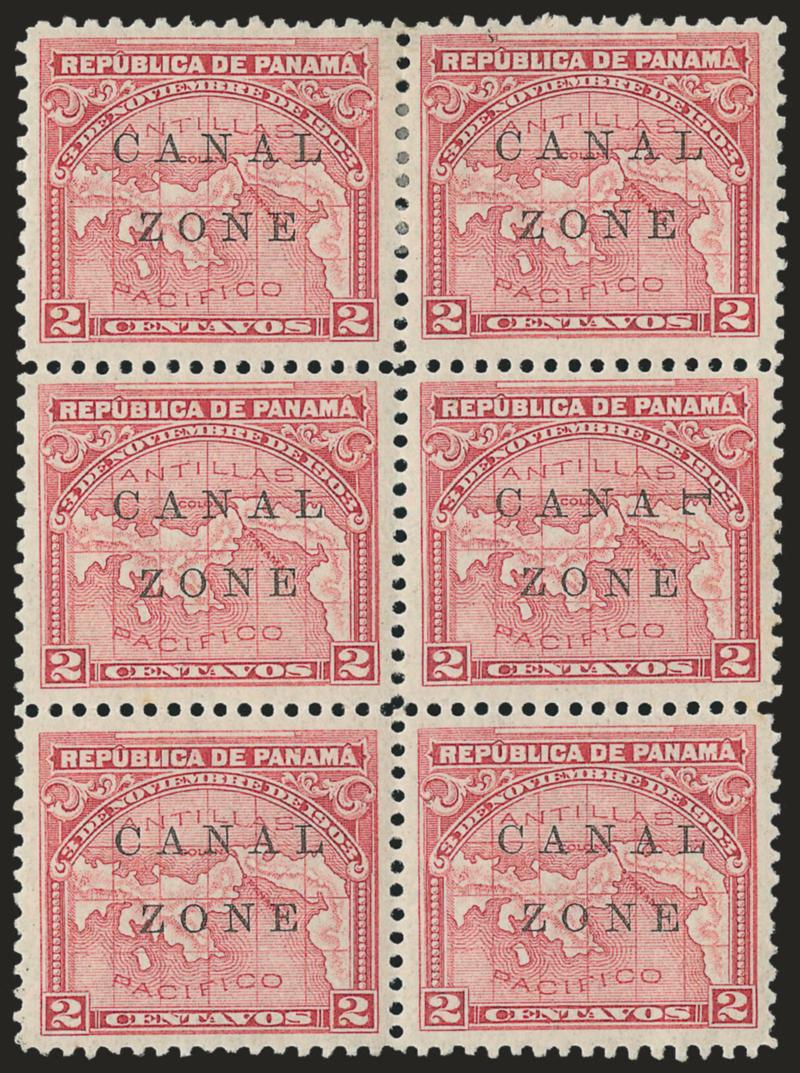 1904, 10c Rose, L of Canal Sideways (10b).> Single error in block of six, right center stamp the variety which is Position 68 on the sheet, h.r., radiant color<><>^VERY FINE AND CHOICE. A RARE EXAMPLE OF THE
CANAL ZONE OVERPRINT WITH THE L