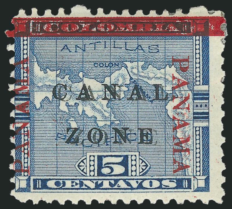 1904, 5c Blue, Canal Zone Double (12c).> Tropicalized original gum, rich color, clear second overprint, Fine, only 200 were printed