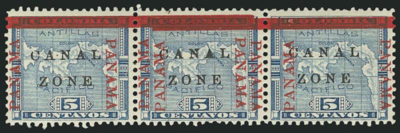 1904, 5c Blue, Panama Double (12d).> Single error in horizontal strip of three, center stamp the variety, slightly tropicalized original gum, rich colors, Very Fine and choice, a rare variety, it is believed
that 120 were printed, of these only 20
