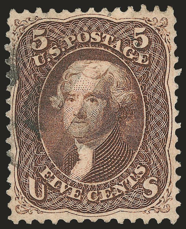5c Brown (76).> Choice centering with well-proportioned margins, clear <stitch watermark,> face-free cancel, Extremely Fine, with 2002 P.F. and 2009 P.S.E. certificates (XF 90 SMQ $450.00)