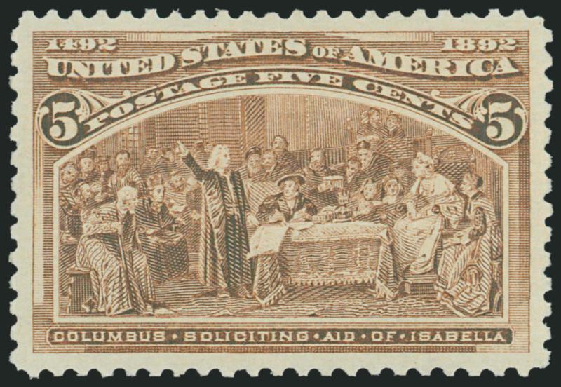 5c Columbian (234).> Mint N.H., intense shade and detailed impression, perfect centering with wide margins<><>^EXTREMELY FINE GEM. A SUPERB MINT NEVER-HINGED EXAMPLE OF THE 5-CENT COLUMBIAN, WHICH HAS BEEN
GRADED SUPERB 98 BY P.S.E.^<><>P.S.E. en