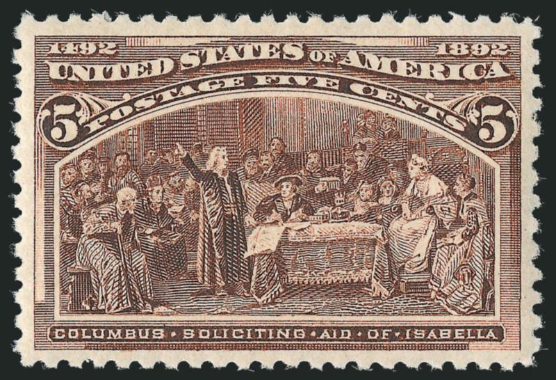 5c Columbian (234).> Mint N.H., detailed impression, wide and balanced margins, long and full perforations all around, Extremely Fine Gem, a beautiful stamp, with 1990 and 2002 P.F. and 2006 P.S.E. certificates
(XF-Superb 95 SMQ $1,550.00)