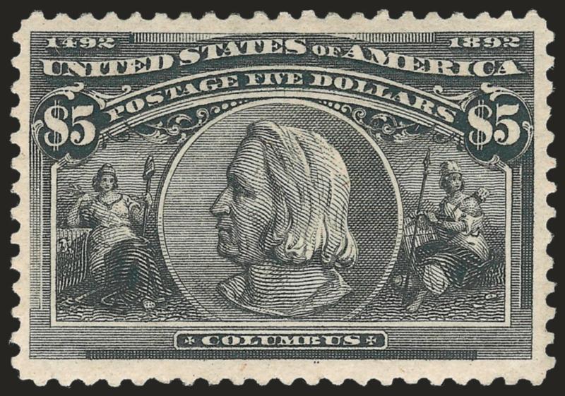 $5.00 Columbian (245).> Original gum, intense shade and impression, wide margins<><>^VERY FINE AND CHOICE ORIGINAL-GUM EXAMPLE OF THE $5.00 COLUMBIAN.^<><>With 1993 P.F. (copy) and 2004 P.S.E.
certificates